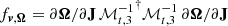 $ f_{{\boldsymbol{v}}, {\boldsymbol{\Omega}}} = \partial {{\boldsymbol{\Omega}}}/\partial{\mathbf{J}}\, {{\cal M}^{-1}_{t,3}}^{\dagger} {\cal M}^{-1}_{t,3}\, \partial{\boldsymbol{\Omega}}/\partial{\mathbf{J}} $