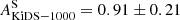 $ A^{\mathrm{S}}_{\mathrm{KiDS-1000}}=0.91 \pm 0.21 $