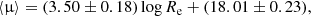 $$ \begin{aligned} \langle \upmu \rangle =(3.50\pm 0.18)\log R_{\rm e}+(18.01\pm 0.23), \end{aligned} $$