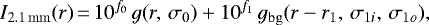 \begin{equation*} I_{\rm{2.1\,mm}}(r)\,{=}\,10^{f_0}\,g(r, \,\sigma_0) &#x002B; 10^{f_1}\,g_{\rm{bg}}(r-r_1, \,\sigma_{1i}, \,\sigma_{1o}) \text{,}\end{equation*}