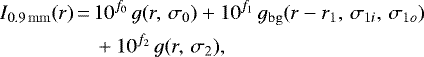 \begin{equation*} \begin{aligned} I_{\rm{0.9\,mm}}(r)\,{=}\, & 10^{f_0}\,g(r, \,\sigma_0) &#x002B; 10^{f_1}\,g_{\rm{bg}}(r-r_1, \,\sigma_{1i}, \,\sigma_{1o}) \\ & &#x002B; 10^{f_2}\,g(r, \,\sigma_2) \text{,} \end{aligned}\end{equation*}