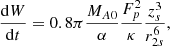 $$ \begin{aligned} \frac{\mathrm{d}W}{\mathrm{d}t} = 0.8 \pi \frac{M_{A0}}{\alpha } \frac{F_p^2}{ \kappa } \frac{z^3_s}{r^6_{2s}}, \end{aligned} $$