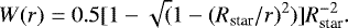 \begin{equation*} W(r) = 0.5[1 - \sqrt(1 - (R_{\textrm{star}}/r)^2)]R_{\textrm{star}}^{-2}. \end{equation*}