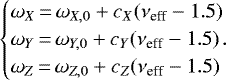 \begin{equation*}\begin{cases} \omega_X\,{=}\,\omega_{X,0} &#x002B; c_X (\nu_{\textrm{eff}} - 1.5) \\ \omega_Y\,{=}\,\omega_{Y,0} &#x002B; c_Y (\nu_{\textrm{eff}} - 1.5) \\ \omega_Z\,{=}\,\omega_{Z,0} &#x002B; c_Z (\nu_{\textrm{eff}} - 1.5) \\ \end{cases}\!\! \!\!\!\!\!\!.\end{equation*}