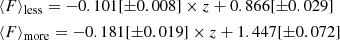 $$ \begin{aligned}&\langle F\rangle _{\rm less} = -0.101[\pm 0.008] \times z + 0.866 [\pm 0.029] \nonumber \\&\langle F\rangle _{\rm more} = -0.181[\pm 0.019] \times z + 1.447 [\pm 0.072] \end{aligned} $$