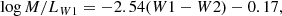 $$ \begin{aligned} \log {M}/L_{W1} = -2.54({W1 - W2}) - 0.17, \end{aligned} $$