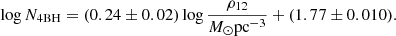 $$ \begin{aligned} \log N_{\rm 4BH} = (0.24\pm 0.02) \log \frac{\rho _{12}}{M_{\odot }\mathrm{pc}^{-3}} + (1.77\pm 0.010). \end{aligned} $$
