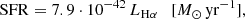 $$ \begin{aligned} \mathrm{SFR} = 7.9\cdot 10^{-42}\,L_{\mathrm{H} \alpha }\quad [M_{\odot }\,\mathrm{yr}^{-1}], \end{aligned} $$