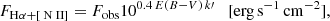 $$ \begin{aligned} F_{\mathrm{H} \alpha +\mathrm [{\text{ N}}{\small {{\text{ II}}}}] } = F_{\rm obs} 10^{0.4\,E(B-V)\,k\prime }\quad \mathrm{[erg\,s^{-1}\,cm^{-2}]}, \end{aligned} $$