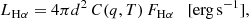 $$ \begin{aligned} L_{\mathrm{H} \alpha } = 4\pi d^2\,C(q, T)\,F_{\mathrm{H}\alpha }\quad \mathrm{[erg\,s^{-1}]}, \end{aligned} $$