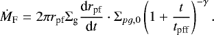 \begin{eqnarray*} \dot{M}_{\textrm{F}} & = & 2\pi r_{\textrm{pf}}\Sigma_{\textrm{g}} \frac{\textrm{d}r_{\textrm{pf}}}{\textrm{d}t} \cdot\Sigma_{pg,0}\left(1&#x002B;\frac{t}{t_{\textrm{pff}}}\right)^{-\gamma}.\end{eqnarray*}