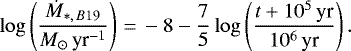 \begin{equation*} \log\left(\frac{\dot{M}_{*,\,B19}}{M_{\odot}\,\textrm{yr}^{-1}}\right)\,{=}\,-8-\frac{7}{5}\log\left(\frac{t&#x002B;10^{5}\,\textrm{yr}}{10^{6}\,\textrm{yr}}\right).\end{equation*}