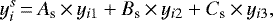 \begin{equation*}y^s_i\,{=}\,A_{\textrm{s}}\,{\times}\,y_{i1}&#x002B;B_{\textrm{s}}\,{\times}\,y_{i2}&#x002B;C_{\textrm{s}}\,{\times}\,y_{i3},\end{equation*}