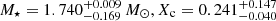 $ M_\star = 1.740_{-0.169}^{+0.009}\,{M_\odot}, X_{\mathrm{c}} = 0.241_{-0.040}^{+0.147} $