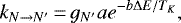 \begin{equation*} k_{N \rightarrow N&#x0027;}\,{=}\,g_{N&#x0027;} a e^{-b \Delta E/T_K}, \end{equation*}