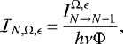\begin{equation*} \mathcal{I}_{N,\Omega, \epsilon}\,{=}\,\frac{I^{\Omega, \epsilon}_{N \rightarrow N-1}}{h \nu \Phi},\end{equation*}