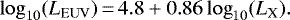 \begin{equation*} \log_{10}({L}_{\textrm{EUV}}) \,{=}\, 4.8 &#x002B; 0.86 \log_{10} ({L}_{\textrm{X}}).\end{equation*}