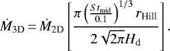 \begin{equation*}\dot{M}_{\textrm{3D}}\,{=}\, \dot{M}_{\textrm{2D}} \left[\frac{\pi\left(\frac{St_{\textrm{mid}}}{0.1}\right)^{1/3}r_{\textrm{Hill}}}{2\sqrt{2\pi}H_{\textrm{d}}}\right]. \end{equation*}