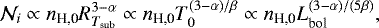\begin{equation*} \mathcal{N}_{i} \propto n_{\textrm{H,0}} R_{T_{\textrm{sub}}}^{3- \alpha} \propto n_{\textrm{H,0}} T_{0}^{(3-\alpha)/\beta} \propto n_{\textrm{H,0}} L_{\textrm{bol}}^{(3 - \alpha)/(5\beta)},\end{equation*}
