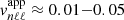 $ {{v}}^{\mathrm{app}}_{n\ell\ell}\approx 0.01{-}0.05 $