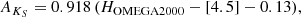 $$ \begin{aligned} A_{K_S} = 0.918\,(H_\mathrm{OMEGA2000} -[4.5]-0.13), \end{aligned} $$