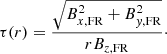 $$ \begin{aligned} \tau (r) = \frac{\sqrt{B^2_{x,\mathrm{FR}}+B^2_{{ y},\mathrm{FR}}}}{rB_{z,\mathrm{FR}}}\cdot \end{aligned} $$