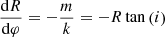 $$ \begin{aligned} \frac{\mathrm{d} R}{\mathrm{d} \varphi } = -\frac{m}{k} = - R \tan \left(i\right) \end{aligned} $$