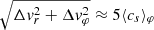 $ \sqrt{\Delta \mathit{v}_r^2 + \Delta \mathit{v}_{\varphi}^2} \approx 5 \langle c_s\rangle_{\varphi} $
