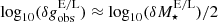 $ \log_{10}(\delta g^{\mathrm{E/L}}_{\mathrm{obs}}) \approx {\log_{10}(\delta M^{\mathrm{E/L}}_\star)} / {2} $