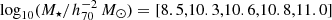 $ \log_{10}(M_\star/h_{70}^{-2}\,{M}_\odot) = [8.5,10.3,10.6,10.8,11.0] $