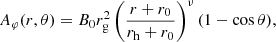 $$ \begin{aligned} A_\varphi (r,\theta ) = B_0 r_{\rm g}^2 \left( \dfrac{r+r_0}{r_{\rm h} +r_0} \right)^\nu ( 1 - \cos {\theta }), \end{aligned} $$