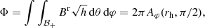 $$ \begin{aligned} \Phi = \int \int _{\mathcal{B} _+} B^\mathrm{r} \sqrt{h}\,\mathrm{d}{\theta }\,\mathrm{d}{\varphi } = 2 \pi A_\varphi (r_{\rm h}, \pi /2), \end{aligned} $$