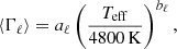 $$ \begin{aligned} \langle \Gamma _{\rm \ell }\rangle = a_{\ell }\left(\frac{T_{\mathrm{eff} }}{4800\,\mathrm{K} }\right)^{b_{\ell }}, \end{aligned} $$