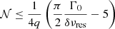 $$ \begin{aligned} \mathcal{N} \le \frac{1}{4q}\left( \frac{\pi }{2} \frac{\Gamma _{0}}{\delta \nu _{\mathrm{res} }} - 5\right) \end{aligned} $$