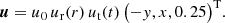 $$ \begin{aligned} {\boldsymbol{u}} = u_0\, u_{\rm r}(r)\, u_{\rm t}(t)\,\big ({-}{ y}, x,0.25\big )^\mathrm{T}. \end{aligned} $$
