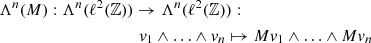 $$ \begin{aligned} \Lambda ^n (M): \;&\Lambda ^n ( \ell ^2 (\mathbb{Z} )) \rightarrow \Lambda ^n ( \ell ^2 (\mathbb{Z} )): \nonumber \\&\qquad \qquad \qquad { v}_1 \wedge \ldots \wedge { v}_n \mapsto M { v}_1 \wedge \ldots \wedge M { v}_n \end{aligned} $$