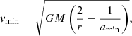 $$ \begin{aligned} { v}_{\min } = \sqrt{GM\left(\frac{2}{r}-\frac{1}{a_{\min }}\right)}, \end{aligned} $$