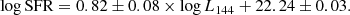$$ \begin{aligned} \log \mathrm{SFR} = 0.82 \pm 0.08 \times \log L_{144} + 22.24 \pm 0.03. \end{aligned} $$