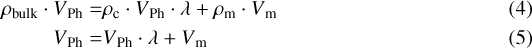 \begin{align*}{\rho _{\textrm{bulk}}} \cdot V{_{\textrm{Ph}}}=&{\rho _{\textrm{c}}} \cdot V{_{\textrm{Ph}}} \cdot \lambda &#x002B; {\rho _{\textrm{m}}} \cdot V{_{\textrm{m}}}\\V{_{\textrm{Ph}}} =&V{_{\textrm{Ph}}} \cdot \lambda &#x002B; V{_{\textrm{m}}}\end{align*}
