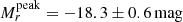 $ M_{r}^{\mathrm{peak}} = -18.3 \pm 0.6 \,\mathrm{mag} $