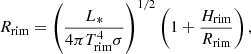 $$ \begin{aligned} R_{\rm rim} = \left(\frac{L_*}{4 \pi T_{\rm rim}^4 \sigma }\right)^{1/2}\left(1+ \frac{H_{\rm rim}}{R_{\rm rim}}\right), \end{aligned} $$