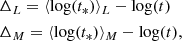 $$ \begin{aligned}&\Delta _L = \langle \log (t_*)\rangle _L-\log (t)\nonumber \\&\Delta _M = \langle \log (t_*)\rangle _M-\log (t), \end{aligned} $$