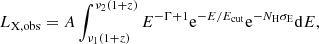 $$ \begin{aligned} L_{\rm X,obs}=A\int _{\nu _{1}(1+z)}^{\nu _{2}(1+z)} E^{-\Gamma +1} \mathrm{e}^{-E/E_{\rm cut}} \mathrm{e}^{-N_{\rm H}\sigma _{\rm E}} \mathrm{d}E ,\end{aligned} $$