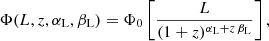 $$ \begin{aligned} \Phi (L,z,\alpha _{\rm L},\beta _{\rm L})=\Phi _{0} \left[ \frac{L}{(1+z)^{\alpha _{\rm L}+z\,\beta _{\rm L}}} \right],\end{aligned} $$