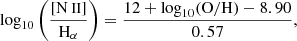 $$ \begin{aligned} \mathrm{log}_{10}\left( \frac{[{\text{N}}{\small {{\text{ II}}}}]}{\mathrm{H}_{\alpha }} \right)=\frac{12+\mathrm{log}_{10}(\mathrm{O/H})-8.90}{0.57}, \end{aligned} $$