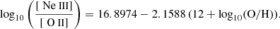 $$ \begin{aligned} \mathrm{log}_{10} \left( \frac{[{\text{ Ne}}{\small {{\text{ III}}}}]}{[{\text{ O}}{\small {{\text{ II}}}}]} \right)=16.8974-2.1588\,(12+\mathrm{log}_{10}(\mathrm{O/H})) .\end{aligned} $$
