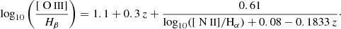 $$ \begin{aligned} \mathrm{log}_{10} \left( \frac{[{\text{ O}}{\small {{\text{ III}}}}]}{H_{\beta }} \right) =1.1+0.3\,{z} +\frac{0.61}{\mathrm{log}_{10}([{\text{ N}}{\small {{\text{ II}}}}]/\mathrm{H}_{\alpha })+0.08-0.1833\,{z}} \cdot \end{aligned} $$