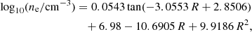$$ \begin{aligned} \mathrm{log}_{10}(n_{\rm e}/\mathrm{cm}^{-3})&=0.0543\,\mathrm{tan}(-3.0553\,R + 2.8506)\nonumber \\&\quad + 6.98 -10.6905\,R + 9.9186\,R^{2} ,\end{aligned} $$