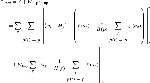 $$ \begin{aligned}&\mathcal{L} _{total}=\mathcal{L} +W_{\rm map}\mathcal{L} _{\rm map}\nonumber \\&\qquad =\sum \limits _{p}\sum \limits _{\begin{matrix} t\\ p(t)=p \end{matrix}}\left|\left|\left( {m}_t- {M}_p\right)- \left(f\left( {\alpha }_n\right)-\frac{1}{H(p)}\sum \limits _{\begin{matrix} t\\ p(t)=p \end{matrix}}f\left( {\alpha }_n\right)\right)\right|\right|^2_2\nonumber \\&\qquad \quad +W_{\rm map}\sum \limits _{p} \left|\left|{M}_p- \frac{1}{H(p)}\sum \limits _{\begin{matrix} t\\ p(t)=p \end{matrix}}f\left( {\alpha }_n\right)\right|\right|^2_2. \end{aligned} $$