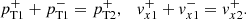 $$ \begin{aligned} p^+_{\rm T1}+p^-_{\rm T1}=p^+_{\rm T2},\quad { v}^+_{x1}+{ v}^-_{x1}={ v}^+_{x2}. \end{aligned} $$
